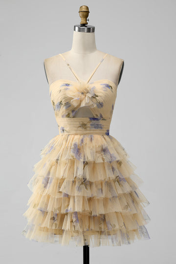 Yellow A Line Halter Tiered Short Tulle Graduation Dress